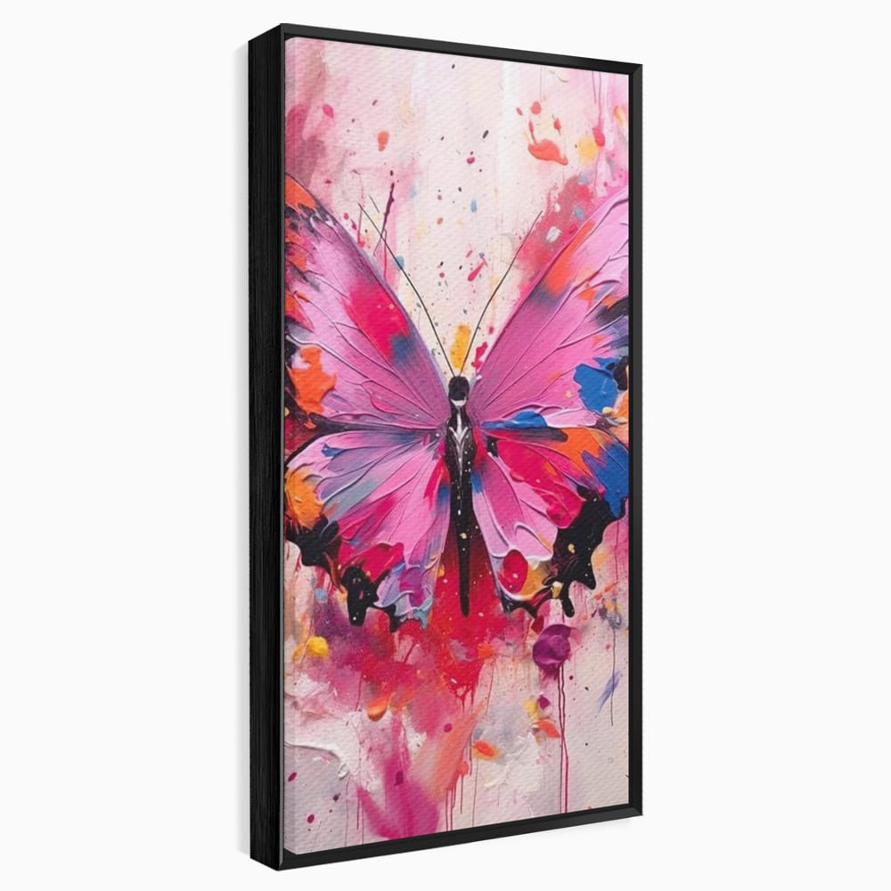 Tablou canvas cu pictura digitala cu fluture roz, in rama de aluminiu negru